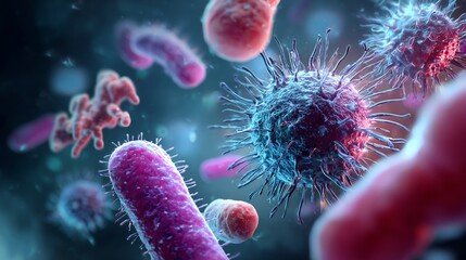 Medical illustration showing bacteria virus or pathogen detailed high resolution scientifically inspired visuals vibrant color clean background concept of hygiene health safety 