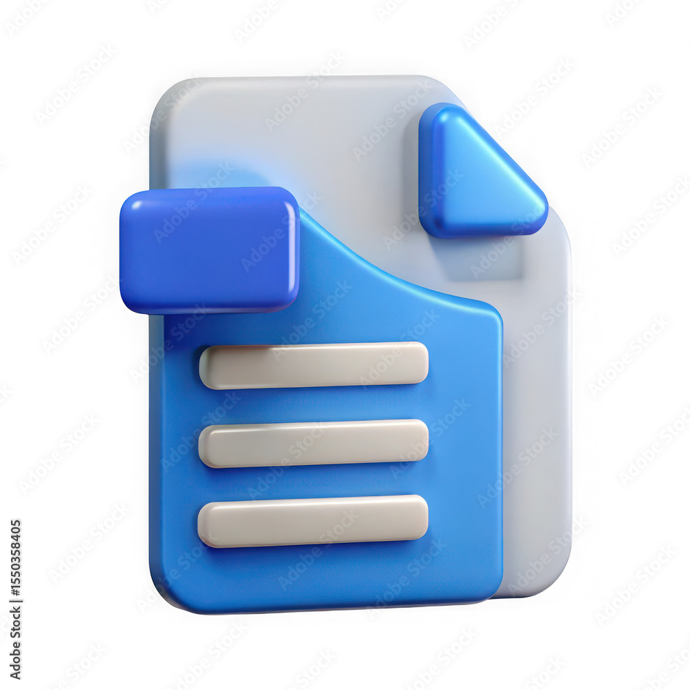 Poster modern 3d blue and white document icon with rounded elements isolated on transparent background