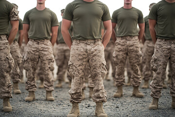 Formation of soldiers, all wearing camouflage uniforms. Military personnel stand at attention, ready for duty and embodying strength.
