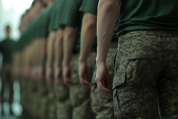 Uniformed personnel stand in formation, clad in camouflage attire, in a display of unity and order. Focus on camaraderie and military precision.