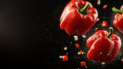 Vibrant red peppers appear to float against a dark backdrop, illustrating freshness and culinary creativity, highlighted by scattered bits of spice adding texture and appeal.