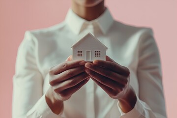 Hands gently hold a small model house against a soft pink background, symbolizing dreams of homeownership and real estate aspirations
