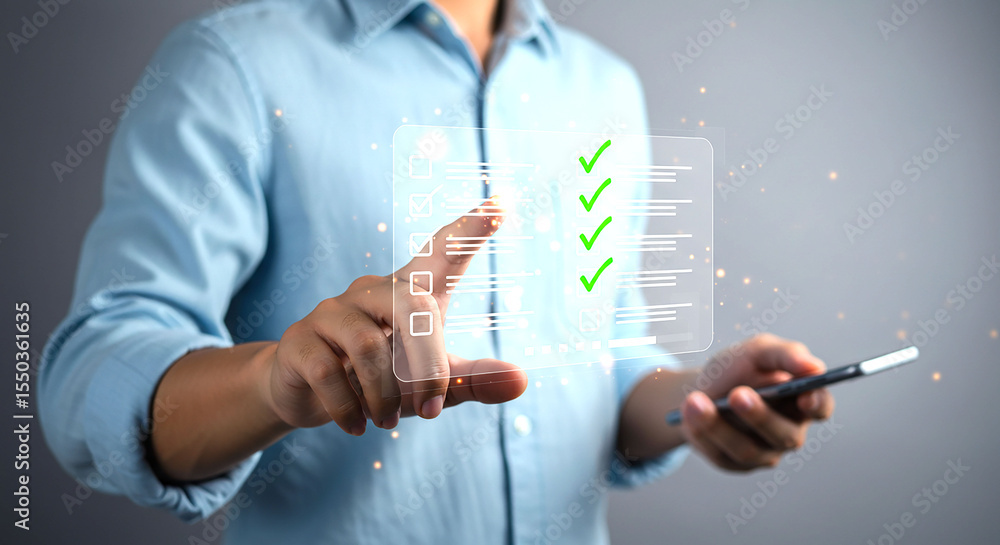 Poster person interacting with virtual checklist on transparent screen with green checkmarks shown