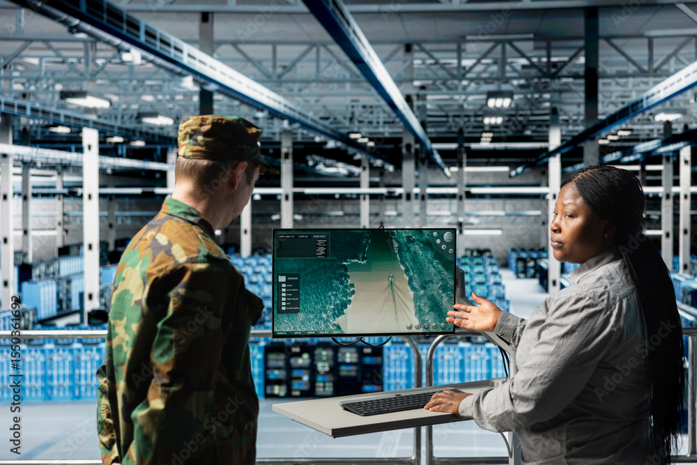 Poster military server hub personnel discussing target coordinates displayed on digital map interface. army