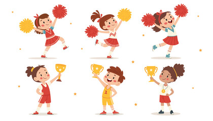 Vector set with children athletes. Cute girls cheerleaders with pom poms. Girls and boys with awards for achievements, Sports achievements and support