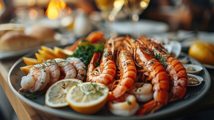 An appetizing seafood platter showcasing succulent shrimp, lobster, and fresh lemon garnishments, perfect for a gourmet meal that excites the senses.