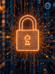 Glowing digital lock symbolizing AI copyright protection with binary code, representing cybersecurity, data privacy, and intellectual property concepts in modern technology.