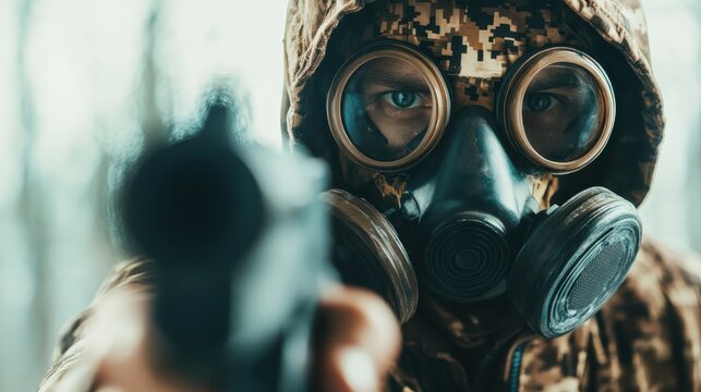 A powerful portrait of a man wearing a gas mask in a forest setting, symbolizing themes of survival and protection in an intense atmosphere, highlighting human resilience. - Powered by Adobe