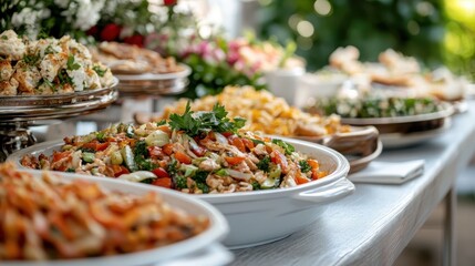 An inviting display of a variety of delicious dishes presented on a table, showcasing colorful salads, pastas, and desserts that tempt the appetite.