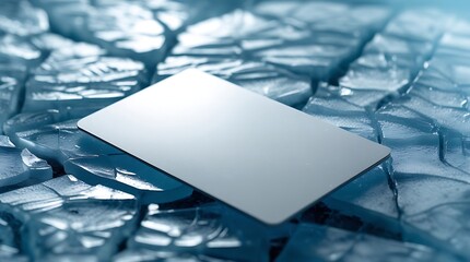 A professional photograph of a sleek, blank silver credit card, devoid of any text, logos, or markings, lying flat on a cracked, translucent ice surface.