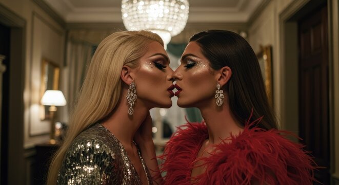 Two charming transvestites kissing in a luxurious interior  
