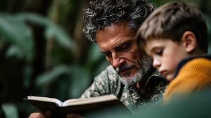 A man reads a book with a young boy in a lush green environment, showcasing the importance of storytelling and connection between different generations in nature.