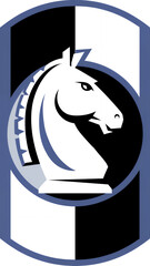 Flat illustration of a logo with a chess white knight head. Horse cartoon silhouette emblem