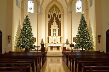 Inside a cathedral, the altar is surrounded by Christmas trees decorated with lights and ornaments. Rows of wooden benches face the altar for the congregation