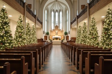 Inside a cathedral, the altar is surrounded by Christmas trees decorated with lights and ornaments. Rows of wooden benches face the altar for the congregation