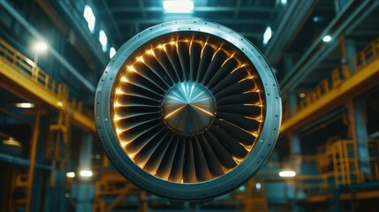 This striking image showcases a close-up of a jet engine turbine, emphasizing the intricate design and engineering that powers modern aircraft in an industrial setting.