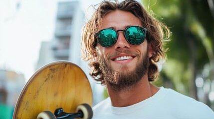 A stylish young man with long hair and sunglasses is smiling while holding his skateboard in an urban environment, embodying youth and freedom.