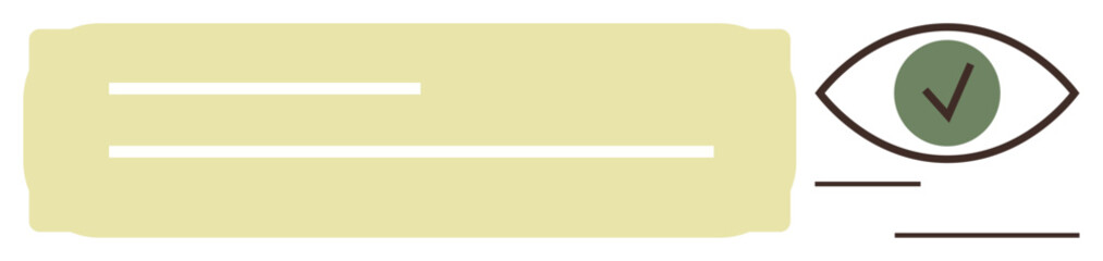 Green eye symbol with checkmark inside, alongside horizontal text fields in yellow box. Ideal for validation, approval, verification, clarity, focus, security digital forms. Simple flat metaphor
