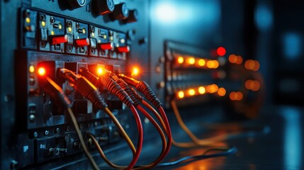 A close-up view of a power control panel showcasing vibrant lights and cables, highlighting the intricacies of electricity management in a modern or industrial setting.