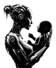 A black and white silhouette of a cyborg girl holding a newborn baby on a white isolated background. Vector graphics. EPS.