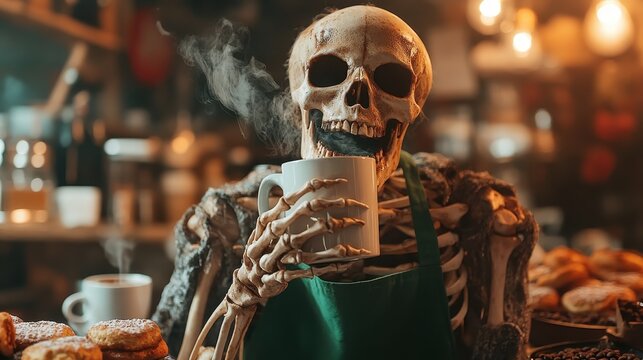 A humorous depiction of a skeleton holding a coffee cup in a warm cafe environment, blending spooky elements with everyday life, creating an amusing contrast of warmth and eeriness.