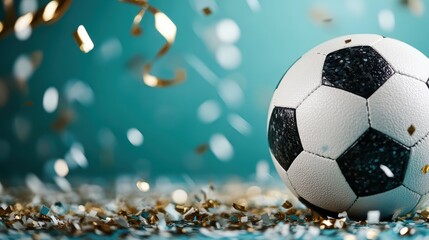 Fototapeta premium A lively image of a soccer ball surrounded by vibrant confetti, capturing the essence of celebration, excitement, and the joy of sports in a festive atmosphere.