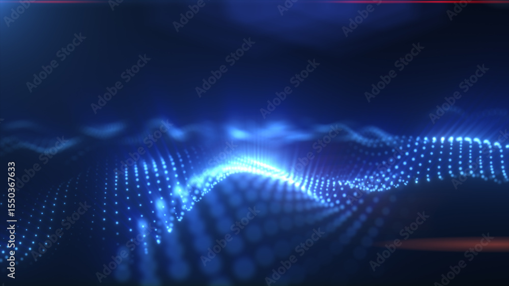 Poster blue glowing particle waves forming a futuristic abstract landscape with soft depth and digital text