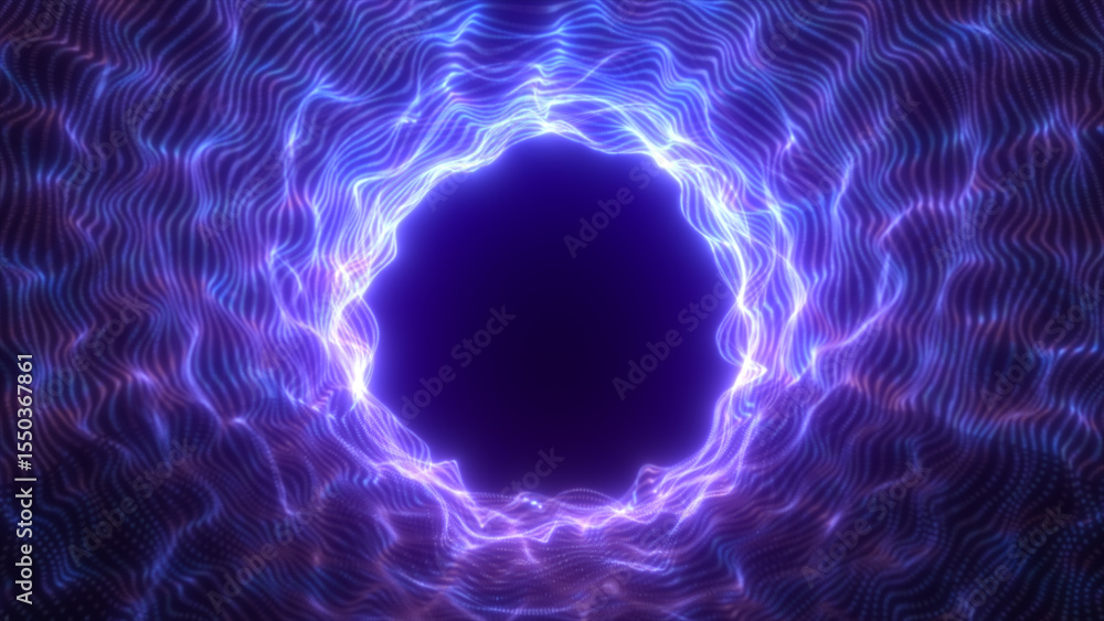 Poster glowing violet energy vortex with flowing wave lines forming a circular portal on a dark background