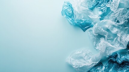 Fototapeta premium An artistic composition of crumpled blue plastic waste against a smooth pastel backdrop, emphasizing environmental issues and the impact of plastic pollution on our world.