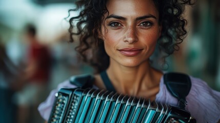 A captivating close-up portrait of a confident woman playing the accordion in an outdoor setting, celebrating passion for music, culture, and artistic expression within community.
