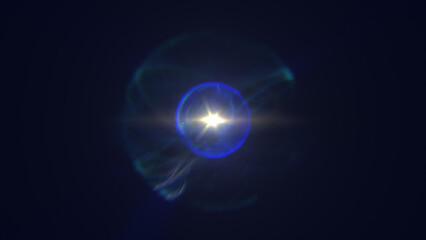 Small glowing orb emitting radiant starburst light, surrounded by translucent atmospheric energy rings