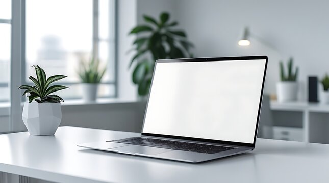 A modern, silver laptop with a blank white screen placed on a clean white desk in a minimalist office setup. Background includes a potted plant and a blurred window view.