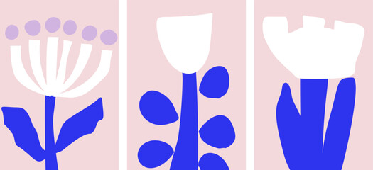 A collection of three abstract modern art illustrations of cutout flowers, minimalist blue and white color design, home decor vector posters