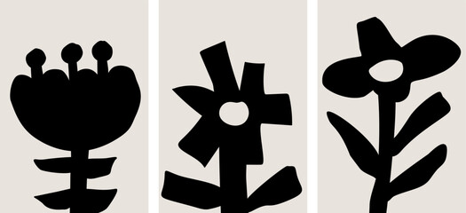 A collection of three abstract modern art illustrations of cutout flowers, minimalist monochrome design, black and white colors, home decor vector posters