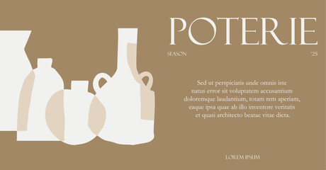 Modern art cutout design posters with ceramic pots and vases overlayed, french typography flyer design for advertisement, social media and home decor. Vector horizontal pottery illustration