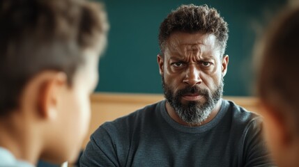 Fototapeta premium A focused man gives a serious look while interacting with two children, representing authority, discipline, and the importance of communication in a nurturing environment.