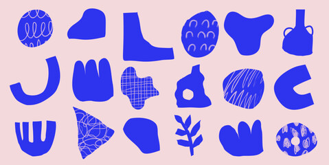 Cutout collage style organic shapes with texture, ceramic pieces and leaves. Vector minimalistic illustration of fluid hand drawn design elements in modern boho art style for prints, home decor