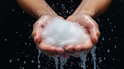 Gentle hands embracing a fluffy cloud of soap bubbles, with water cascading down, symbolizing cleanliness, care, and the simple joys of personal hygiene and relaxation.