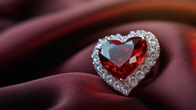 A stunning heart-shaped ruby surrounded by sparkling diamonds, resting on luxurious silk fabric, embodying elegance and romance, perfect for an upscale jewelry display.