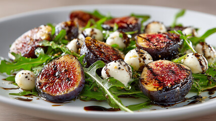 Vibrant summer salad with figs and mozzarella served on a flat white plate