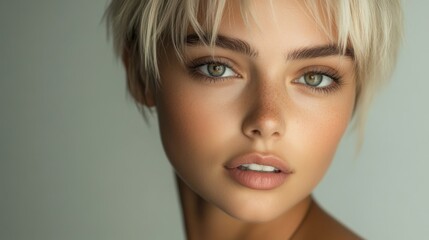 closeup woman short blond haircut hair attractive girl tomboy face body skin facial deep tan flipped out longer
