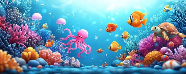 Colorful underwater cartoon scene with cheerful sea creatures and coral reef