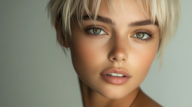 closeup woman short blond haircut hair attractive girl tomboy face body skin facial deep tan flipped out longer
