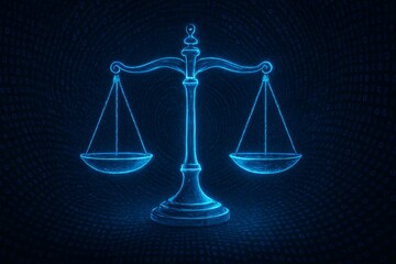 Surreal digital scales of justice in blue glow