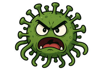 Fototapeta premium Mean cartoon coronavirus character with angry expression, sharp teeth and transparent background