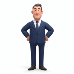 Obraz premium Confident Cartoon Businessman in Blue Suit with Hands on Hips Smiling