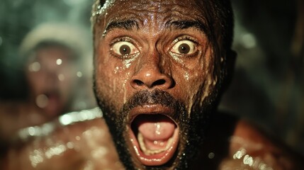 A close-up shot of a man's fearful face drenched in sweat, capturing a moment of intense emotion and panic as he confronts an unseen threat in a dark environment.
