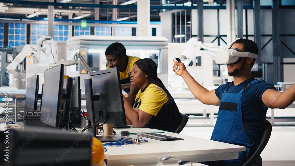 Poster african american technician in solar panels plant using vr goggles, optimizing layouts using cad sof