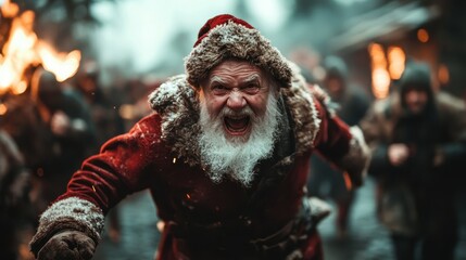 Obraz premium A wild portrayal of Santa Claus with a fierce expression, running amidst a chaotic, fire-lit setting, challenging traditional views of this festive character in a dramatic light.