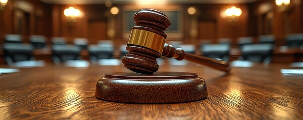 Judicial gavel in courtroom interior emphasizing justice and legal proceedings